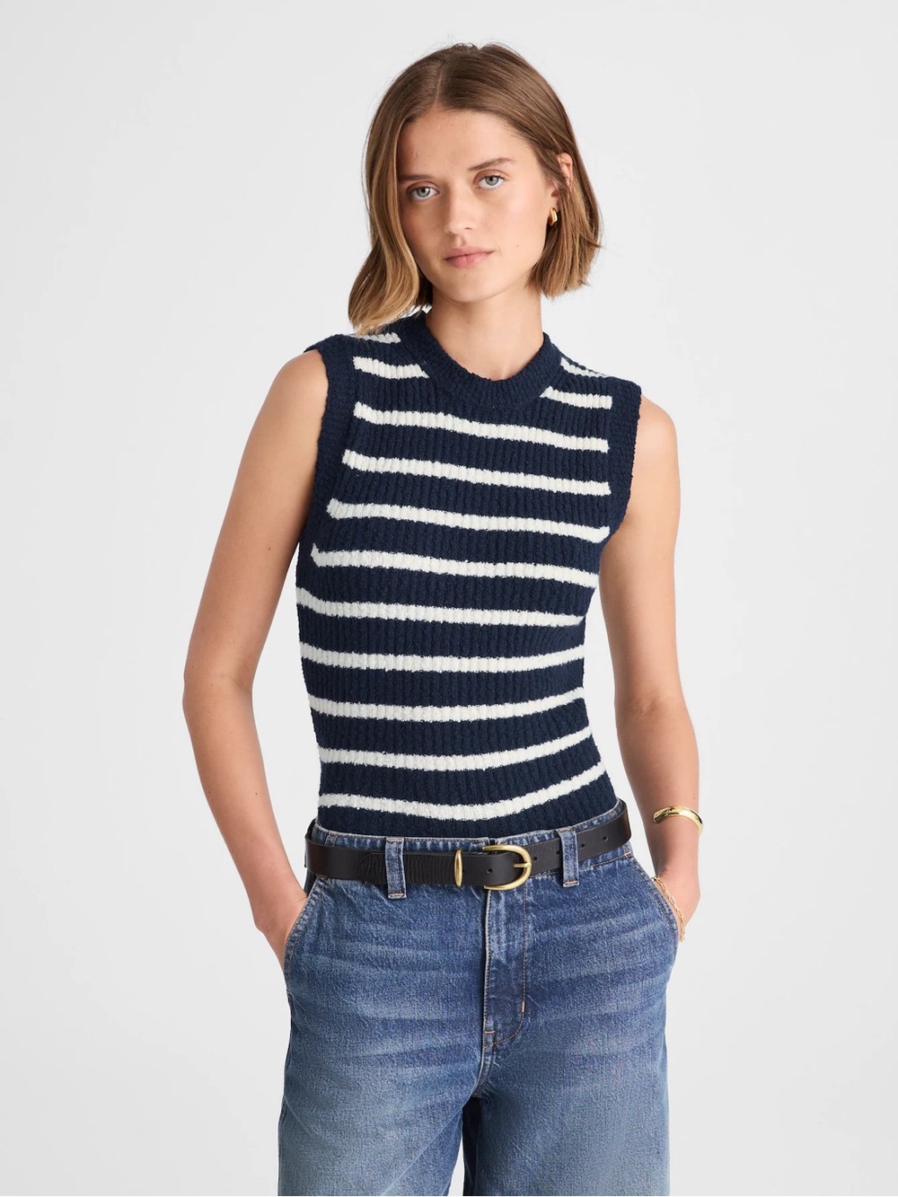 Madewell Navy & White Striped Sleeveless Crew Knit